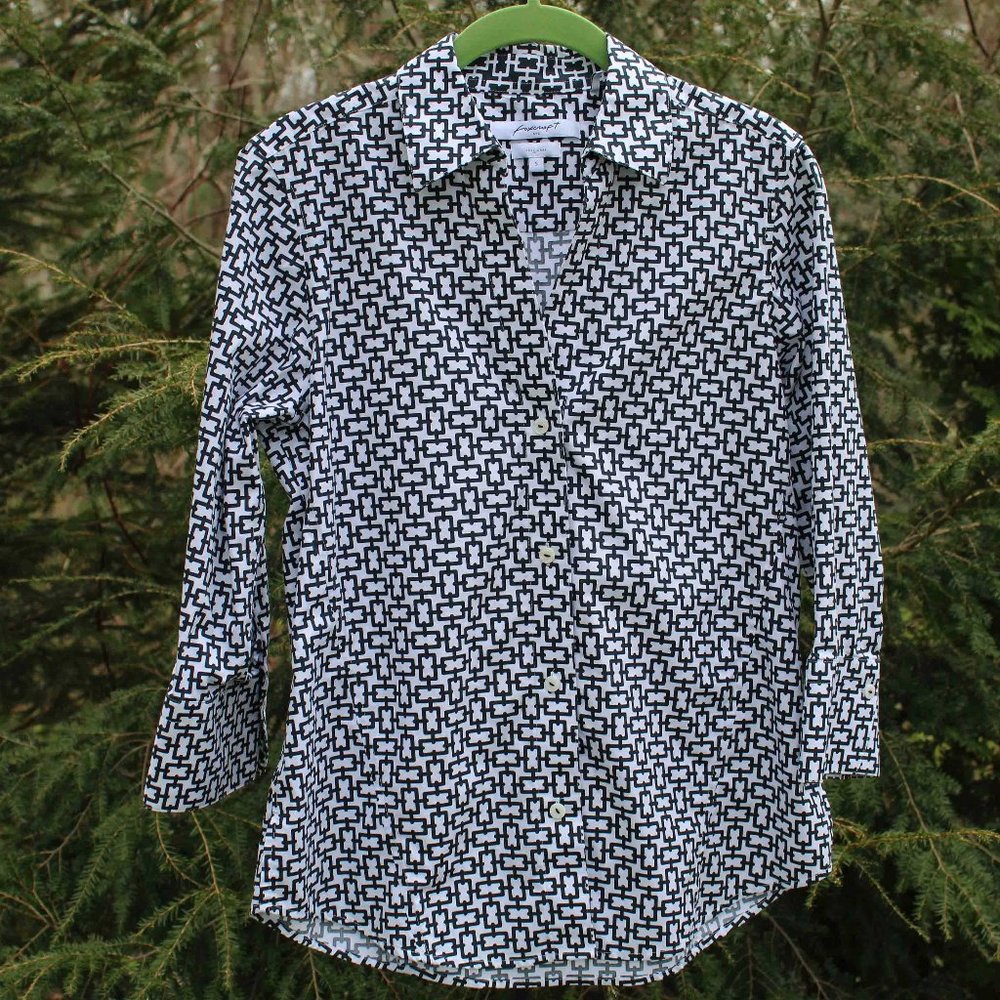 Foxcroft NYC Easy Care Geo-Print Split V-Neck Buttondown Top